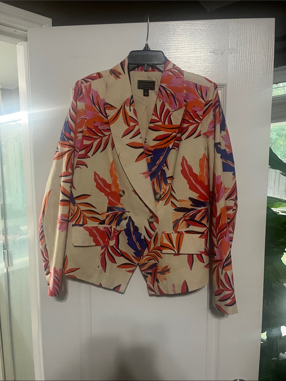 Black Label Cream Blazer with Red Orange Pink and Blue Leaf Print